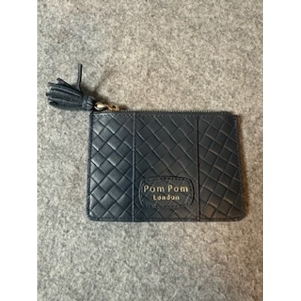 Pom Pom London Navy Blue Woven Leather Tassel Zip Card Holder Pouch Wallet
